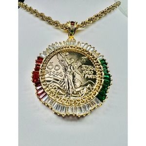 Mexican Centenario Pendant with 26" Rope Necklace 24K Gold Filled